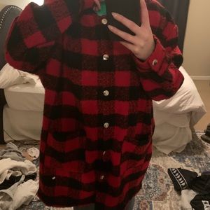 Red and black checkered fleece cardigan/coat